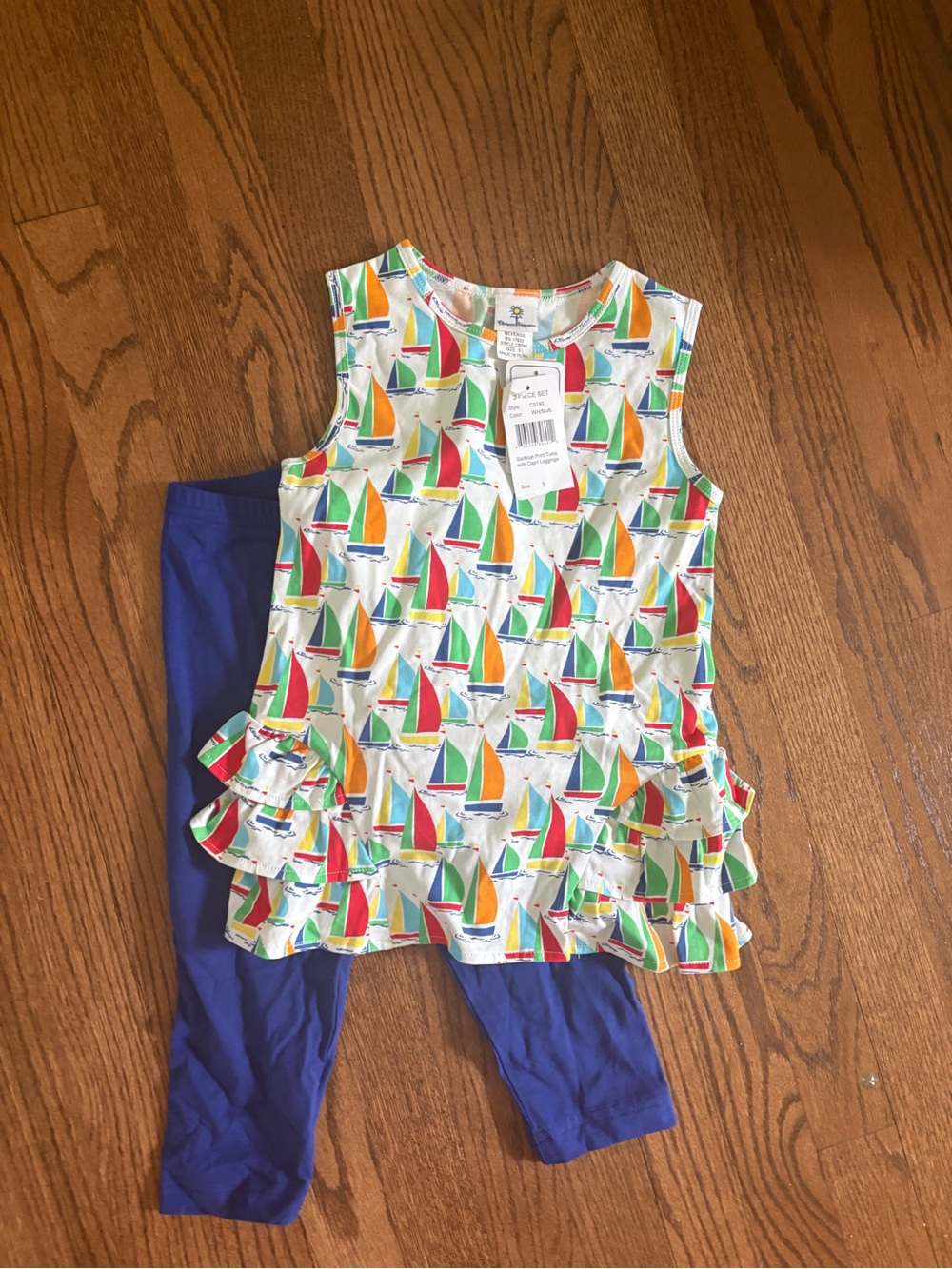 Florence Eiseman NWT Sailboat Print Ruffle Tunic with Blue Leggings